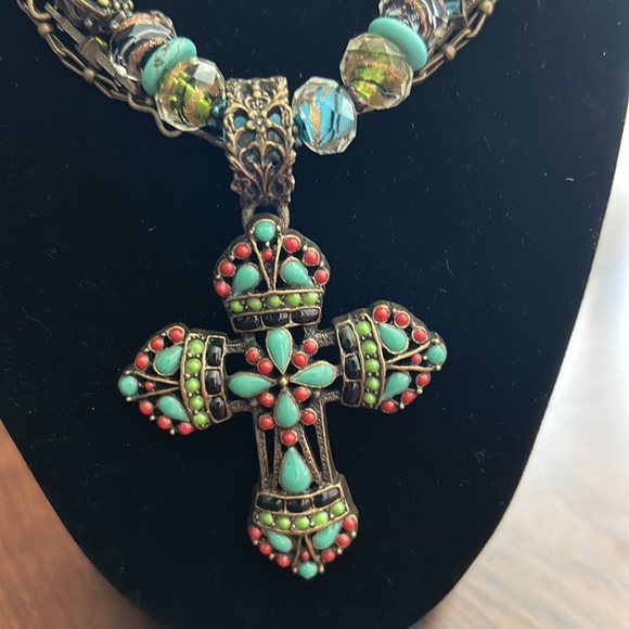 NWOT Beaded Enamel Rhinestone Cross Statement Necklace - Designer Sweet Romance - Picture 4 of 10